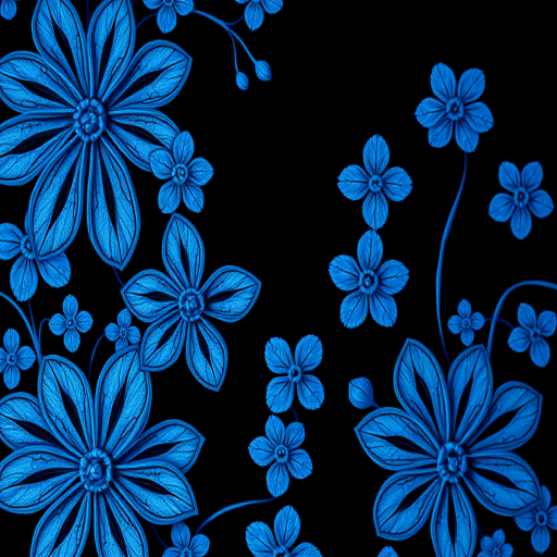 Generate a detailed and high-resolution image of intricate blue floral patterns on a black background, using a DSLR camera, with a 50mm lens, aperture set to f/2.8, ISO 100, and a soft focus effect for enhanced depth and detail.