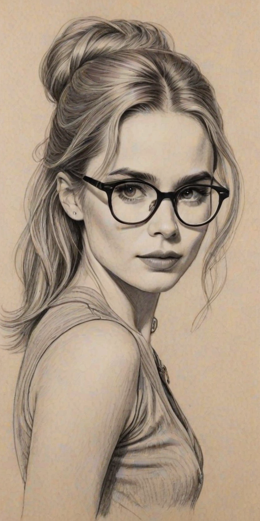 Alluring Alison Lohman, pencil sketch, portrait of Bewitching woman 1968s in glasses, hair style beatnik, outline, clear lines, fine lines, 8k