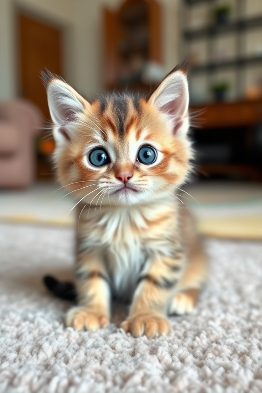 A fluffy kitten with big round eyes and a tilted head sitting on a soft carpet with a playful expression and a background of a home interior