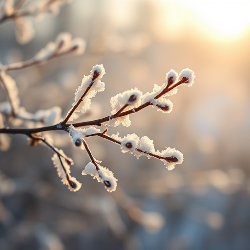 Create a close-up photograph of frost-covered branches in soft morning light, shallow depth of field, f/2.8 aperture, ISO 100, 50mm lens, using a DSLR camera.