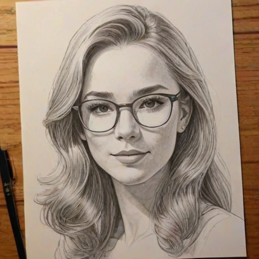 Alluring Holly Taylor, pencil sketch, portrait of Gorgeous woman 1973s in glasses, hair style beatnik, outline, clear lines, fine lines, 8k