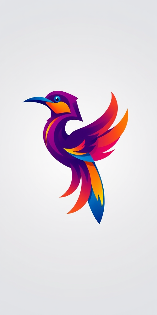 Generate a vibrant and abstract bird logo with a modern design featuring bold colors like purple, orange, and blue, using a digital illustration style, at a resolution of 300 DPI, in a clean studio lighting setup with a 50mm lens aperture set to f/2.8 for a sharp focus on the bird, capturing it from a slightly elevated front angle.