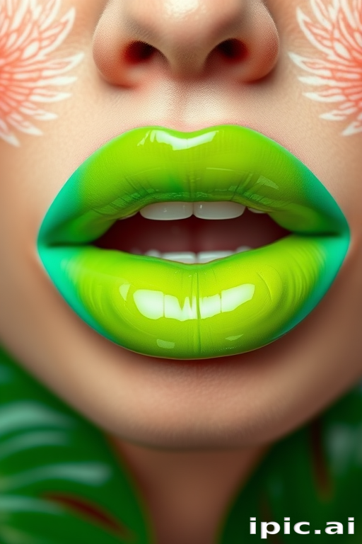 Exotic "Tropical Paradise" lip color combines vibrant turquoise and lime green in a glossy, two-toned effect, evoking lush island landscapes and adding a pop of unexpected color