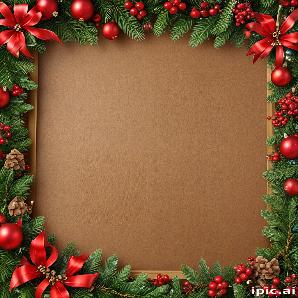 Festive Holiday Frame with Red Bows, Ornaments, and Evergreen Foliage