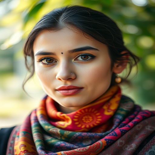portrait of a young woman wearing a vibrant scarf with intricate patterns, soft natural lighting, focus on facial features and eyes, shallow depth of field, aperture f/1.8, 50mm lens, DSLR camera, ISO 100