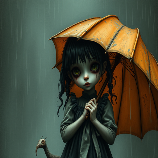An eerie, weird little girl with dark hair in thin pigtails, wearing a smock dress, standing in the rain, holding a dirty orange umbrella, a small, odd creature beside her. In a surreal style inspired by Nicoletta Ceccoli and Brian Froud. Dark fantasy themes