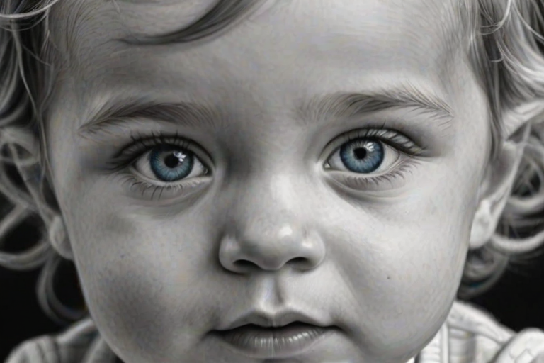 A hyperdetailed photorealistic black and white sketch of a beautiful toddler with deep blue eyes, with a macro focus