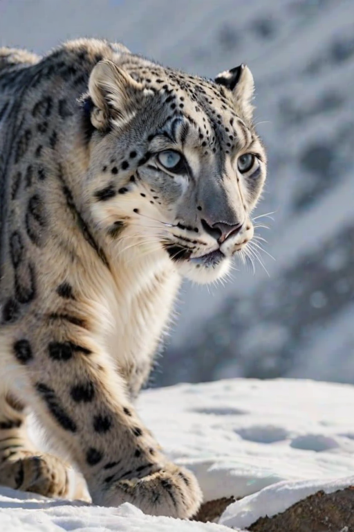 Sharp, detailed close-up of a snow leopard prowling through a snowy mountain pass, soft snowflakes dusting its fur, intense focus in its eyes, soft sunlight highlighting its spots, and the quiet majesty of the wild.