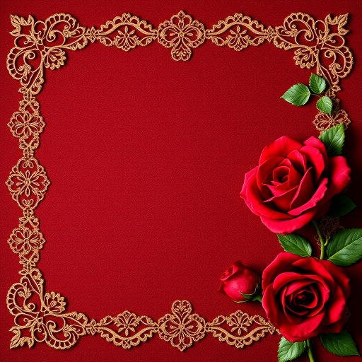 create a vintage floral border design with deep red roses and intricate lace on a textured maroon background, shot with a DSLR camera at f/2.8, 50mm lens, natural lighting, 300 dpi for high resolution