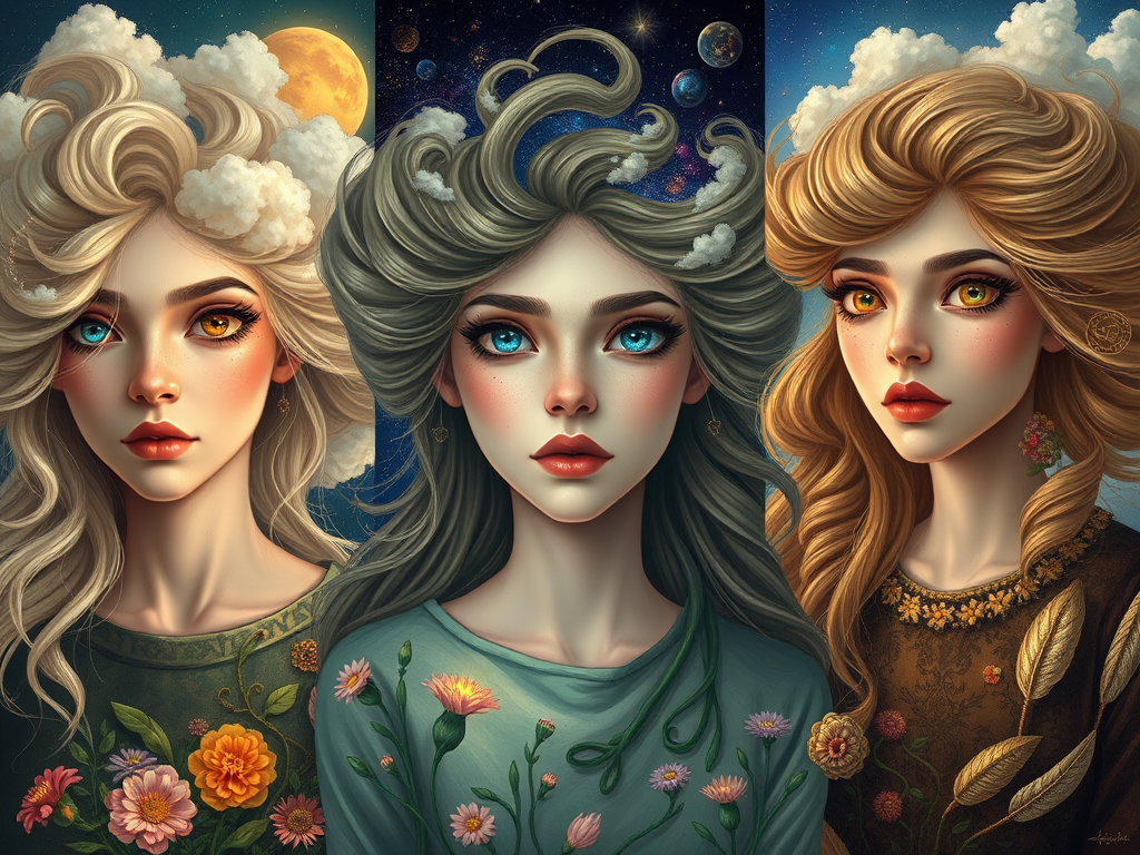 Create a series of imaginative portraits where each subject is infused with elements of fantasy and nature. The hair of the individuals should flow like clouds, varying from soft, fluffy cumulus to wispy cirrus strands, with hints of color reflecting a sunset or a clear blue sky. The eyes should be windows to entire galaxies, with stars, nebulae, and distant planets visible within them. Clothing should be adorned with nature motifs, such as floral patterns that bloom and change, vines that seem to grow and wrap around, or feathers that shimmer with iridescence. Each portrait should capture a unique personality, blending human features with the ethereal beauty of the natural and cosmic world. The backgrounds can vary, from starry night skies to enchanted forests, adding depth and context to the magical realism of the portraits