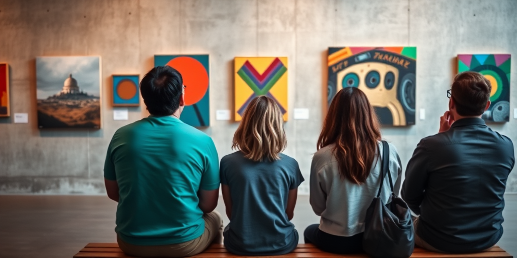 Capture a vibrant art gallery scene with three people sitting on a bench, admiring colorful paintings on a concrete wall, using a DSLR camera with a 50mm lens, aperture f/2.8 for shallow depth of field, ISO 200, natural lighting to enhance colors and details.