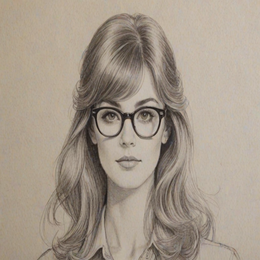 Appealing Emmy Lou Harris, pencil sketch, portrait of Exquisite woman 1971s in glasses, hair style beatnik, outline, clear lines, fine lines, 8k