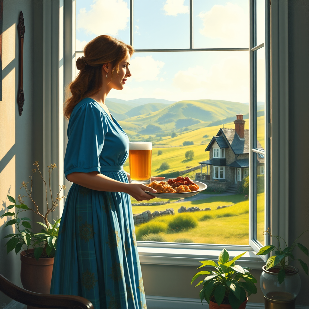 In "A Glass of Beer on the Highland," a serene scene is depicted in a sunlit room where a woman in a vibrant blue dress stands by a large window. She holds a tray with a hearty meal and a frothy glass of beer, embodying a moment of relaxation. Outside, the breathtaking highland landscape features rolling green hills and a charming traditional house, all bathed in warm afternoon light. The interior is adorned with potted plants, creating a harmonious blend of comfort and nature. The painting beautifully captures the tranquility and joy found in simple pleasures amidst stunning scenery
