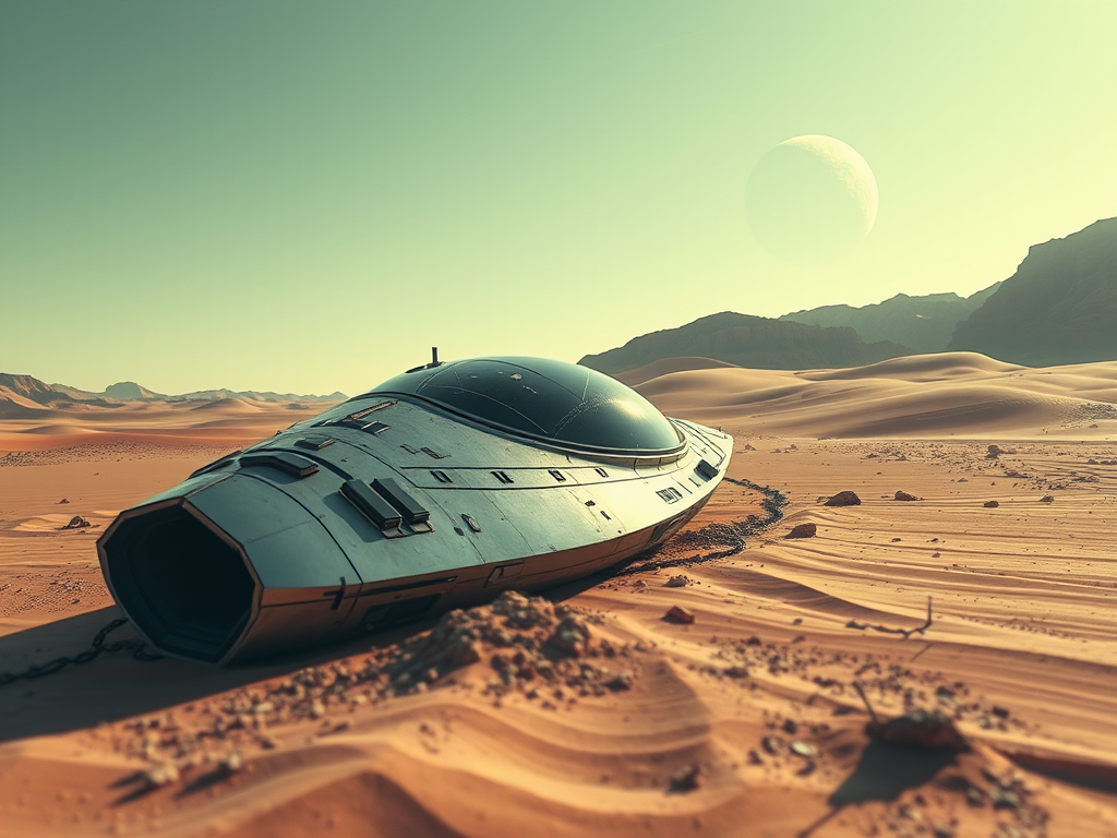 Generate a high-resolution sci-fi landscape featuring a futuristic spaceship crash-landed in a desert, with a distant planet visible in the sky, captured using a DSLR camera, 35mm lens, f/8 aperture, 1/250 sec shutter speed, and a low-angle view for dramatic effect.