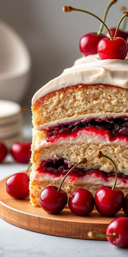 A close-up image of a sliced cake revealing layers of fluffy sponge cake with a rich cherry filling and smooth frosting on top garnished with fresh cherries placed on the side and a wooden cake stand in a softly lit background.