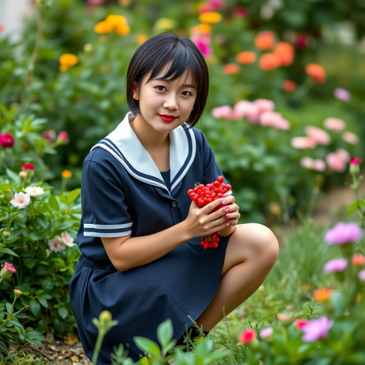 Generate an image of a young woman with short black hair wearing a school uniform, holding a bouquet of red berries, squatting in a lush green garden with flowers in the background, shot with a Canon EOS R5 at f/1.8, ISO 100, shutter speed 1/200s, natural lighting, and a soft bokeh effect.