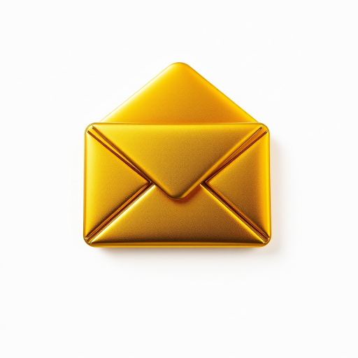 Create a high-resolution image of a golden, stylized envelope icon with a glossy finish, using a DSLR camera with a 50mm lens at f/1.8 aperture, ISO 100, and natural lighting, capturing a frontal view to enhance details and contrast.