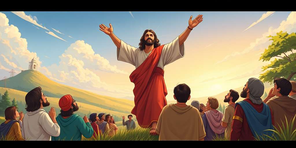 Create a colorful cartoon image of a scene depicting Jesus ascending into the sky surrounded by diverse followers in a natural landscape with hills and trees, shot with a DSLR camera at f/8 aperture, 24mm focal length, ISO 200, using a bright daylight setting for enhanced clarity and vibrancy.