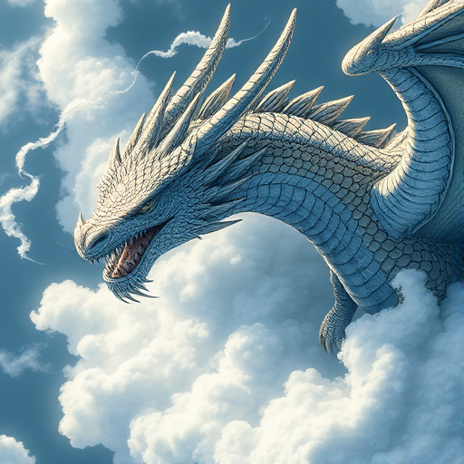 Create a highly detailed illustration of a mythical dragon with intricate scales and wispy clouds, using a DSLR camera with a 85mm lens, f/1.8 aperture, ISO 100, capturing the image in natural light from an overhead angle to enhance its majestic features.
