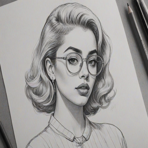 Gorgeous Kali Uchis, pencil sketch, portrait of Captivating woman 1955s in glasses, hair style beatnik, outline, clear lines, fine lines, 8k