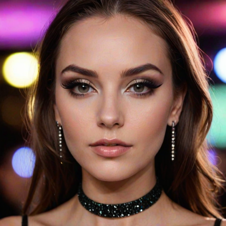 High res waist up portrait photo of a woman directly facing the camera with eye-makeup featuring glittery eye-shadow and clear glossy lip-gloss. She is looking at the camera with a slight seductive look. She is wearing a thin string-like black choker and hoop earrings. In the background is a nightclub scene out of focus.