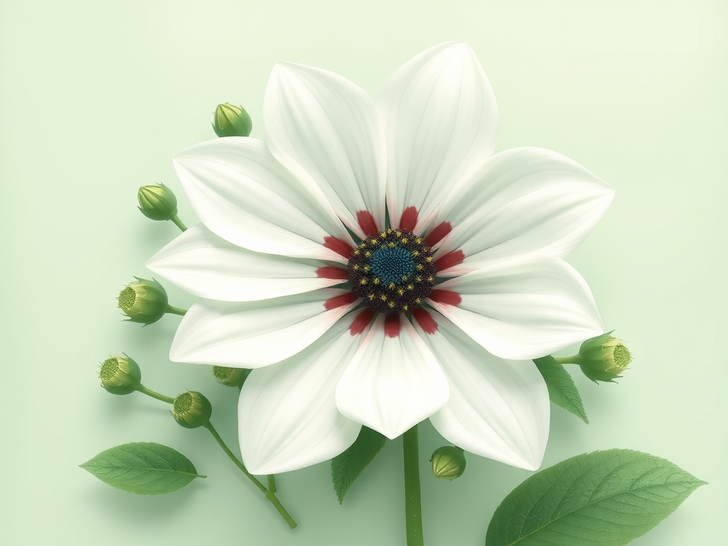 Regenerate an illustration of a large white flower with a dark center surrounded by smaller green buds and leaves on a soft mint green background, using a Canon EOS R5 camera, aperture f/5.6, ISO 100, 50mm lens, top-down view, digital illustration style for enhanced quality.