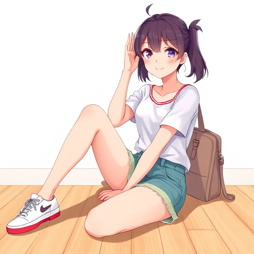 female character illustration sitting on the floor, casual outfit, playful pose, vibrant colors, 50mm lens, f/1.8 aperture, natural lighting, high-resolution digital art