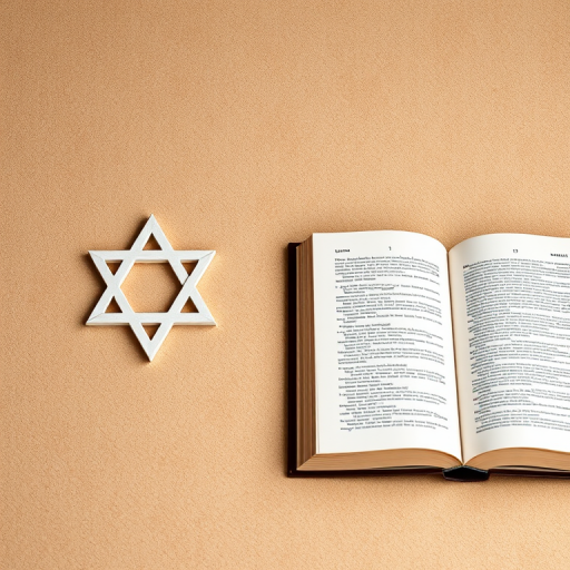 Create an image featuring a Star of David on the left and an open book on the right against a textured beige background, using a DSLR camera with a 50mm lens, aperture set to f/2.8, ISO 200, and a slight vignette effect for depth.