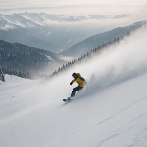 Blurry action shot of a snowboarder carving down a powdery slope, snow flying up around them, distant mountains barely visible through the fog, and the adrenaline of the descent.