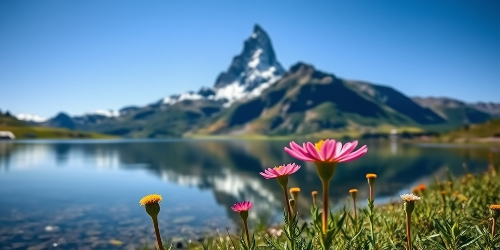 a serene mountain landscape featuring the Matterhorn, with a clear blue sky and a calm lake reflecting the scenery, shot with a DSLR camera at f/8 aperture, 1/125 sec shutter speed, ISO 100, wide-angle lens from a low angle perspective to highlight the foreground flowers and mountains in detail
