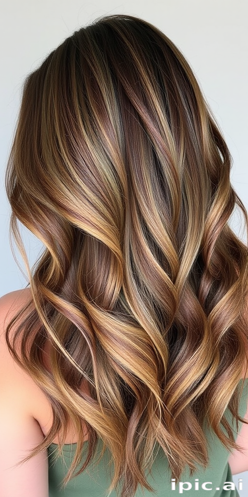 Nature-inspired hair style exhibiting a long layered cut with earthy tones of moss green and bark brown in a balayage technique