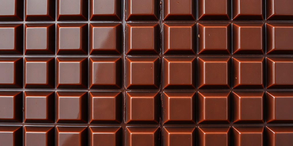 A high-resolution image of a chocolate bar arranged in a grid pattern, shot with a Canon EOS 5D Mark IV at f/8 aperture, ISO 100, 50mm lens, using a top-down view with natural lighting to capture the glossy texture and rich brown color of the chocolate.