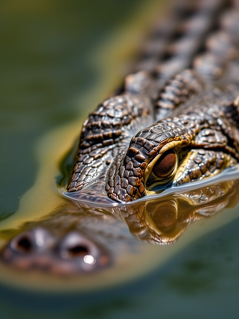 A close-up shot of a crocodile's head partially submerged in calm water, capturing intricate details of its scales and eye, taken with a Canon EOS 5D Mark IV, 100mm f/2.8 macro lens, aperture f/7.1, ISO 200, natural lighting, shallow depth of field.