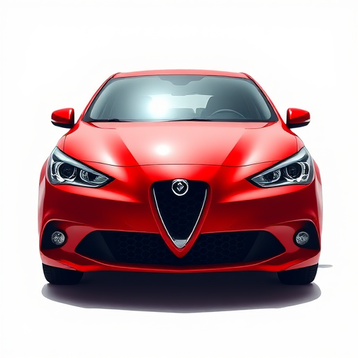 Create a high-resolution digital illustration of a front view of a red car, using a DSLR camera with a 50mm lens at f/2.8, exposure time of 1/125s, ISO 100, and vibrant color palette for enhanced image quality.