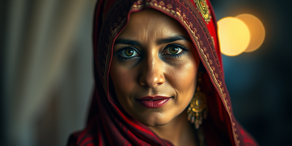Portrait of a woman wearing a red and patterned headscarf with intricate jewelry, shot in low light with a soft focus, using a Canon EOS R5 camera, 50mm lens, aperture f/1.8, ISO 200, and a shallow depth of field for enhanced bokeh effect.