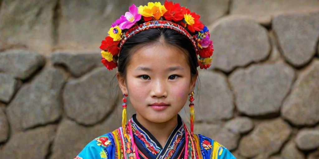 A beautiful Miao girl, wearing colorful bird clothing with vibrant colors
