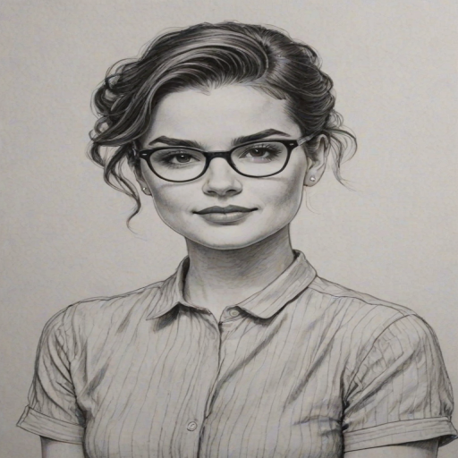Delightful Brianna Hildebrand, pencil sketch, portrait of Pleasing woman 1941s in glasses, hair style beatnik, outline, clear lines, fine lines, 8k