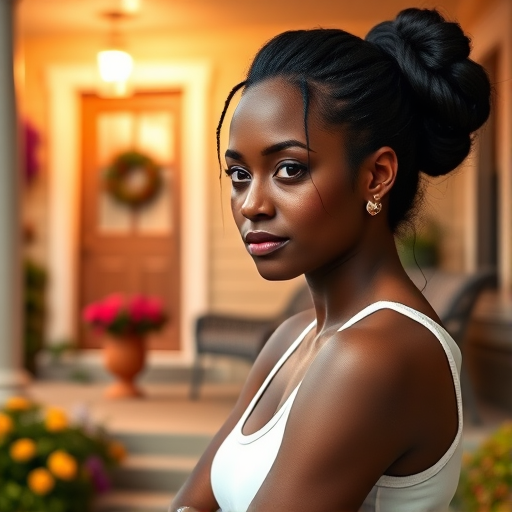 A photo of Lupita Nyong'o with a background of a cozy porch. She has dark hair pulled back in an updo, with tendrils framing her face. She wears a white tank top and sits on the porch. The porch is part of a well-lit home with a warm, earthy tone and colorful flowers and foliage. The overall scene has a warm, welcoming, and comfortable ambiance.