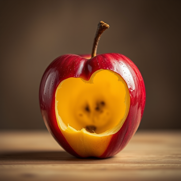 create a highly detailed digital illustration of a partially eaten red apple core with a soft glow emanating from the inside, using a Canon EOS R6 camera with a 50mm lens, aperture f/2.8, ISO 100, shoot from a slightly elevated angle to capture texture and details, use a soft bokeh background to enhance focus on the apple core.