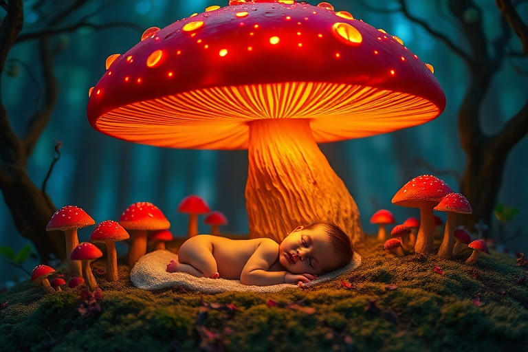 Create a serene fantasy scene of a sleeping baby under a giant glowing red mushroom, surrounded by smaller mushrooms and mystical trees, with soft blue and green ambient lighting, captured with a Canon EOS R5 at f/1.8, ISO 100, 50mm lens, in portrait mode for enhanced detail and depth.