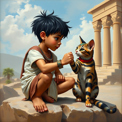 Airbrush, whimsical, glossy oil painting, hyper realism of an Ancient Egyptian boy with black messy short hair, wearing an Ancient Egyptian outfit, bare feet, sitting on a stone in front of a temple, fist bumping with his Ancient Egyptian cat, the boy and the cat looking to each other proudly.