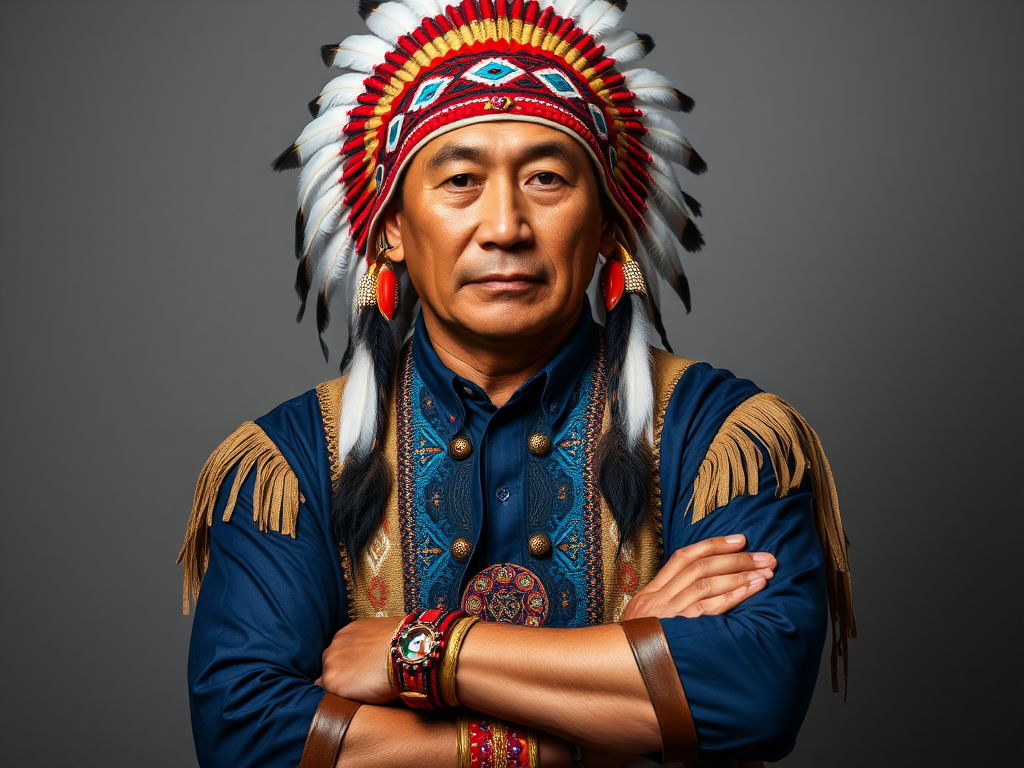 Create a dignified portrait of a Native American man dressed in traditional attire. He wears a beautifully crafted headdress adorned with white feathers and red beads, along with a beaded headband featuring intricate patterns. His clothing includes a deep blue, patterned shirt and a traditional chest piece with detailed beadwork. His arms are crossed, displaying leather armbands decorated with feathers. The background is simple and neutral, emphasizing his proud and stoic expression. The overall image captures the rich cultural heritage and strength of his persona.