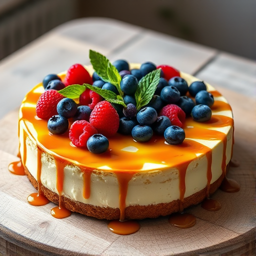A beautifully styled cheesecake topped with fresh blueberries, raspberries, and mint leaves, with a glossy caramel drizzle, captured in soft natural light, using a 50mm lens, aperture f/1.8, shutter speed 1/125s, ISO 200, on a wooden table with a rustic background.