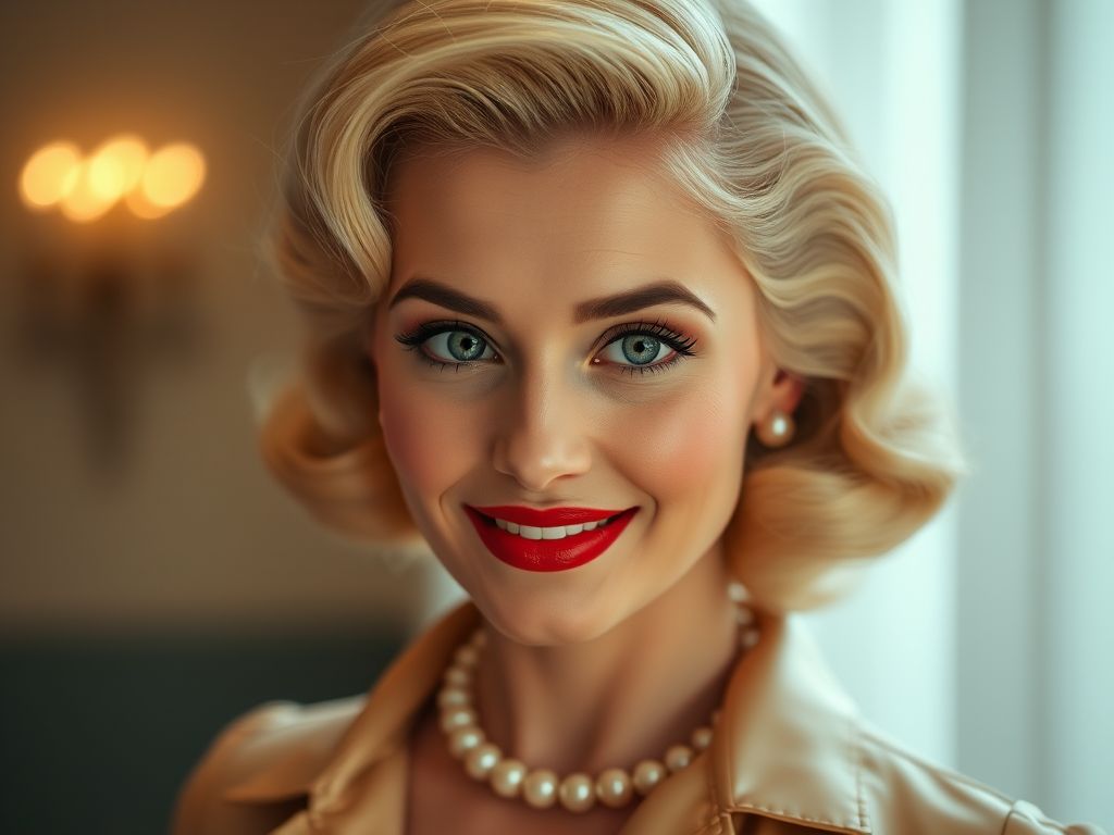 A beautiful Mizrahi woman reminiscent of 1950s Hollywood glamour, with perfectly styled blonde hair and a seductive smile, dressed in a satin blouse and adorned with pearls, soft and warm tones, photorealistic, 8K