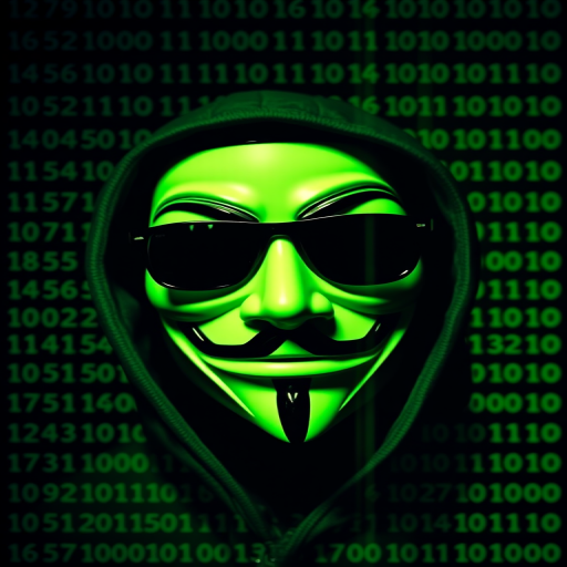 Create an image of a figure wearing a Guy Fawkes mask with sunglasses, surrounded by digital binary code, using a DSLR camera with a 50mm lens, f/1.8 aperture, ISO 100, and a shallow depth of field, in a high-contrast green and black color scheme, with a slight vignette effect.