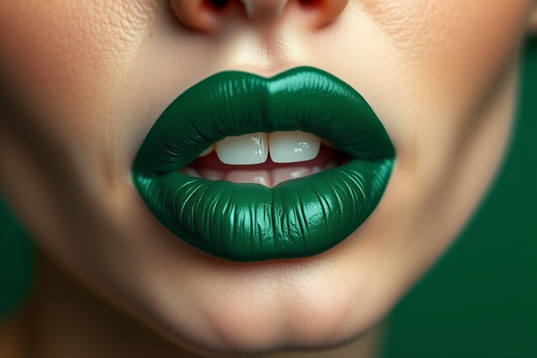 Deep emerald green liquid lipstick coats precisely outlined lips, offering a daring and unconventional appearance with a modern matte finish