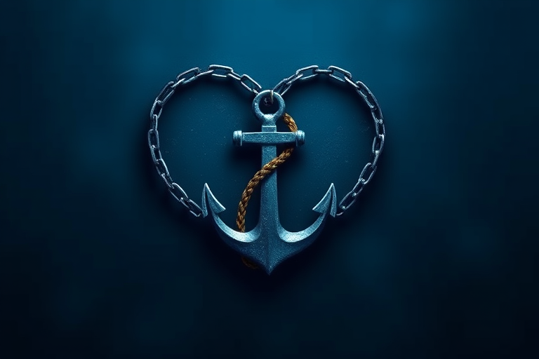 Create an intricate design of a heart incorporating an anchor and chain in a deep blue color scheme, shot with a DSLR camera at f/2.8 aperture, ISO 100, 50mm lens, and a soft focus background for enhanced contrast and detail.