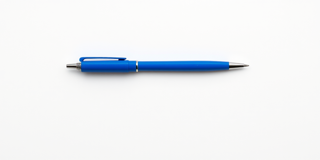 Create a high-resolution image of a blue pen positioned vertically on a clean white background, using a Canon EOS R5 camera with a 50mm f/1.8 lens, aperture set to f/2.8, ISO 100, and a soft diffused lighting setup to enhance shadows and highlights.