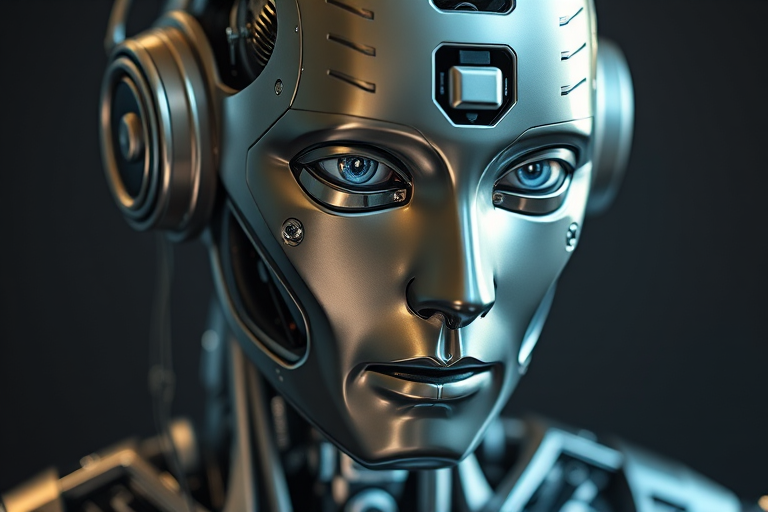 Create a hyper-realistic portrait of a humanoid robot with intricate metallic details and visible circuitry, captured in sharp focus using a Canon EOS R5 with a 50mm f/1.2 lens at ISO 100, aperture f/1.2, and a shutter speed of 1/200s, utilizing a softbox light to enhance highlights and shadows for a dramatic effect.