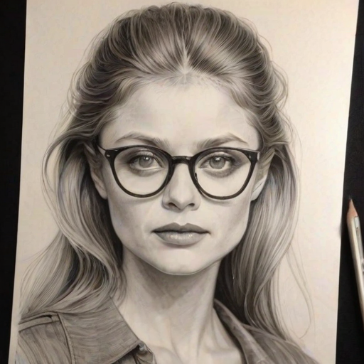 Splendid Anna Baryshnikov, pencil sketch, portrait of Enchanting woman 1977s in glasses, hair style beatnik, outline, clear lines, fine lines, 8k